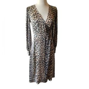 GANNI  Wrap Dress Long Sleeve Cheetah Print Silky   Sz S/4 US women’s midi dress